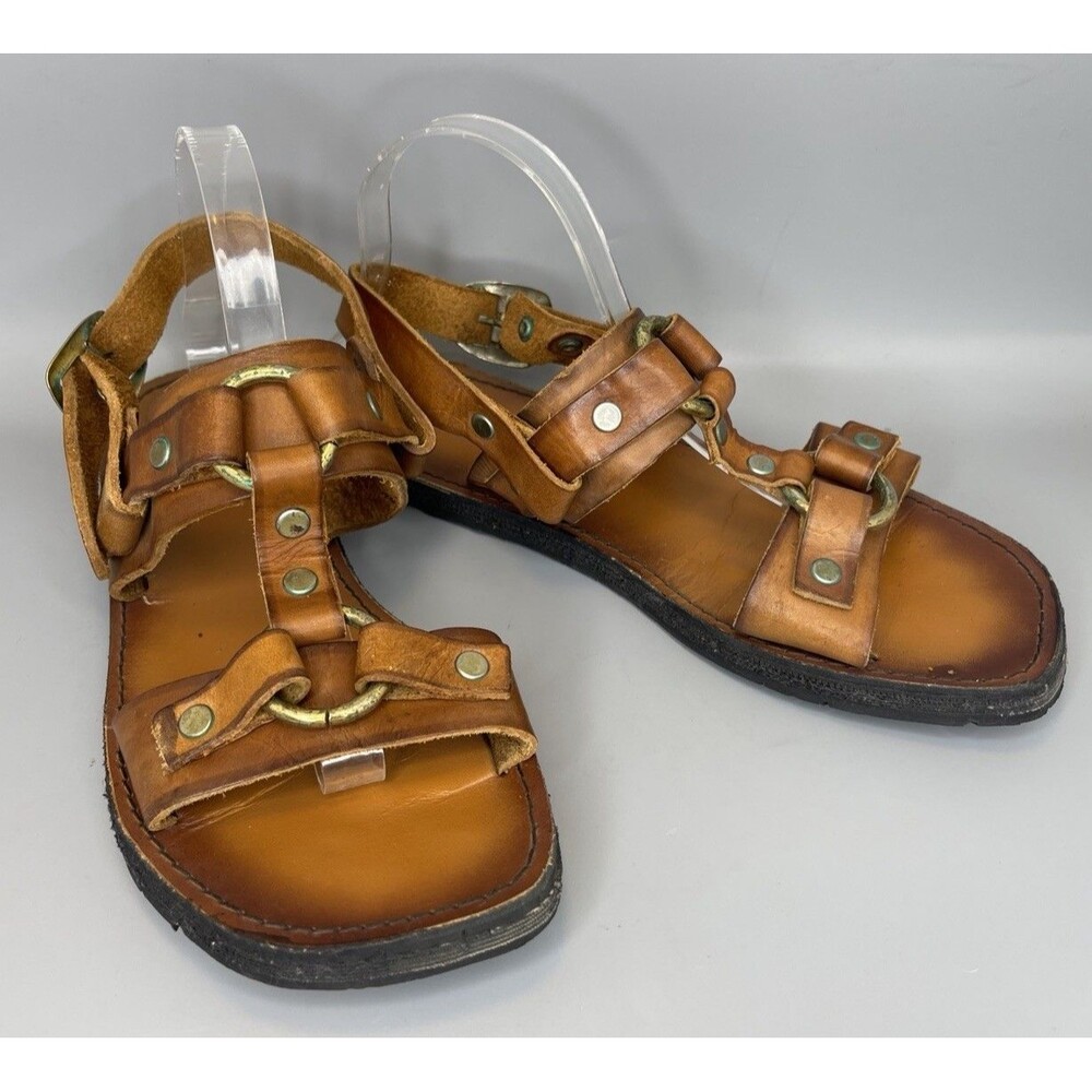 Vtg  70s Leather Tire Tread Jesus Sandals Mens 11 Brown Gladiator Italy Made